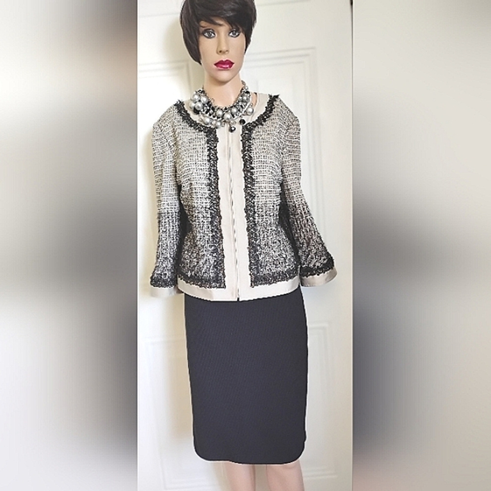St John Couture Boucle Eyelash Black Silver Silk Metallic Knit Skirt Suit 12 14 - Picture 2 of 13